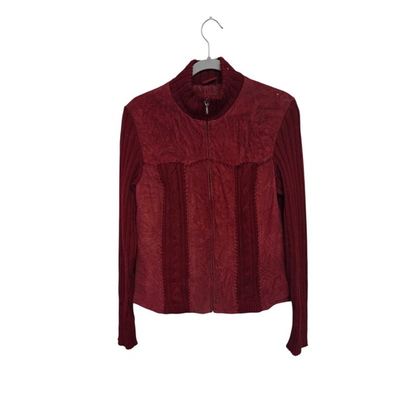 90s Vintage Coldwater Creek Leather Knit Jacket Burgundy Women's Large Zip  Coat - Picture 1 of 7